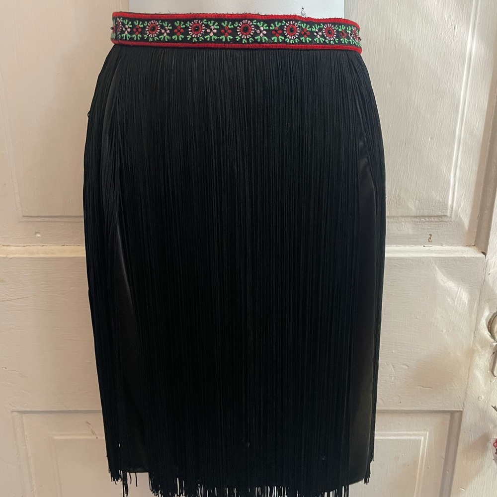 Sherri hill Black Fringe Skirt with Embroidered Waistband